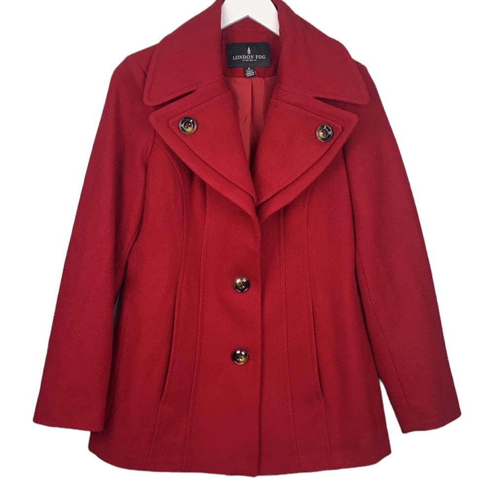 London Fog Red Collar Wool Blend Lined Pea Coat Size Small